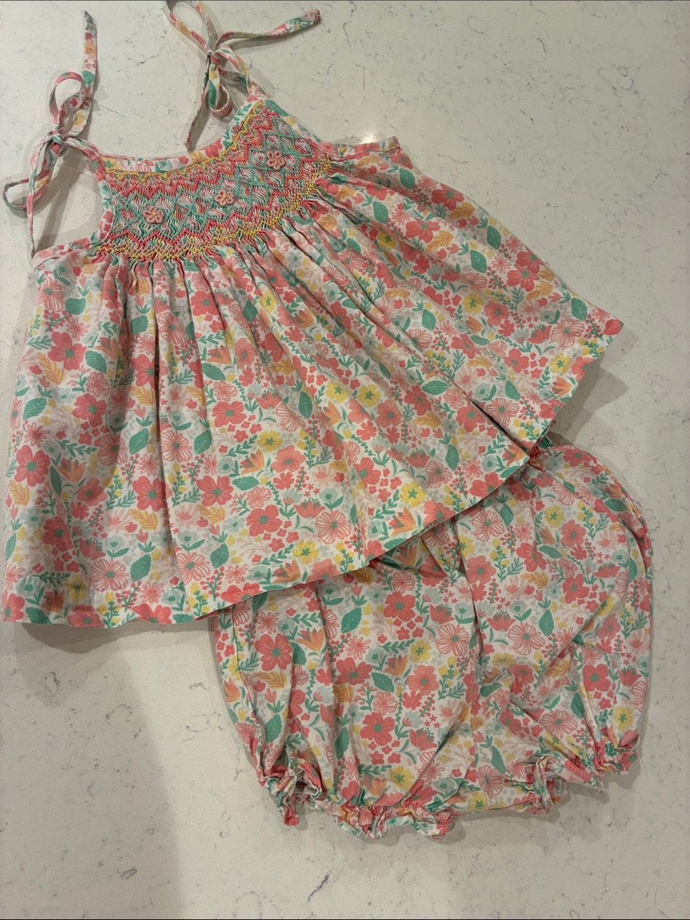 Floral Smocked Tank & Bloomers Matching Set - Pink & Mint